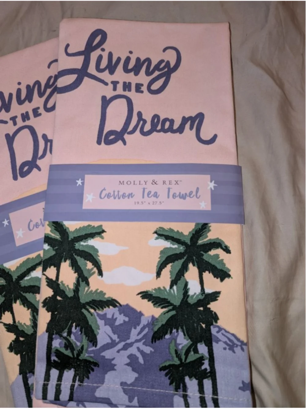 Molly & Rex Pink & Blue Living The Dream Cotton Tea Towel, Set of 2, 19.5x27.5